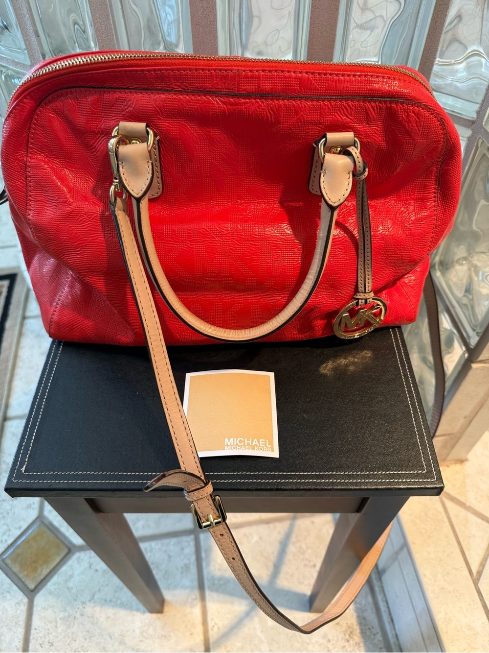 Michael Kors Reddish Orange Leather Crossbody Grayson Satchel. Tan Trim.